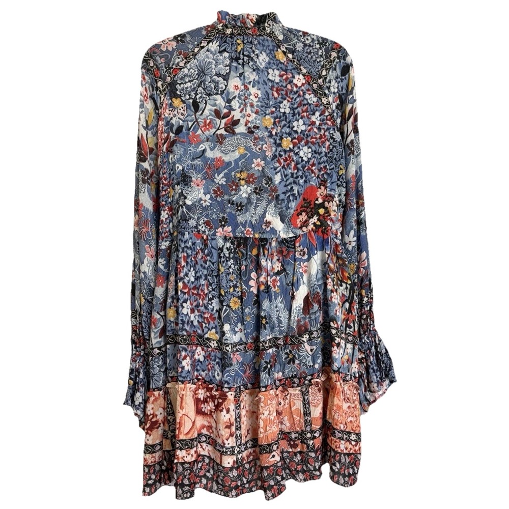 NEW Hemant & Nandita Blue Floral Mini Dress Boho Bohemian Peasant Long Sleeve M - Picture 8 of 15
